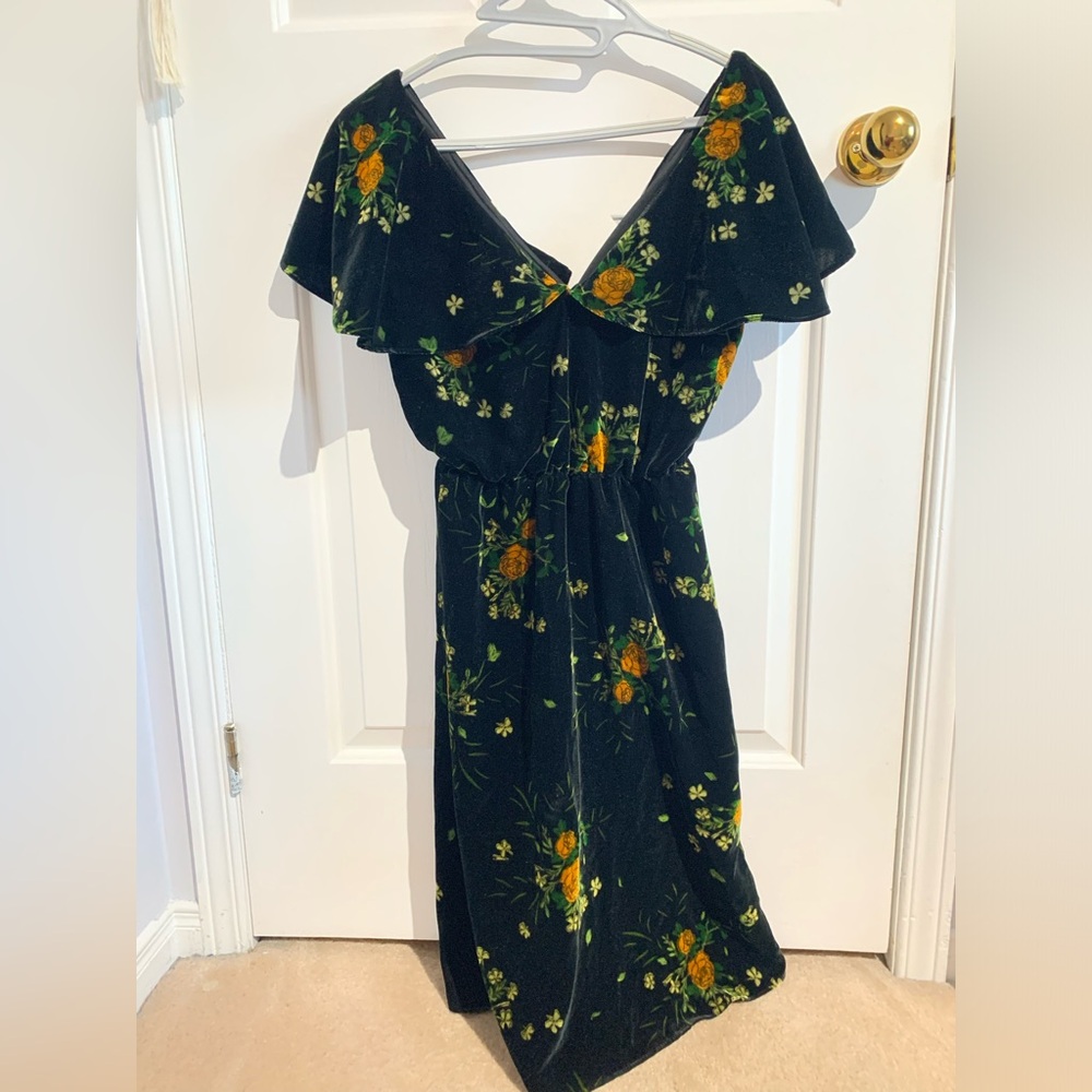 Zara XS black floral roses velvet dress